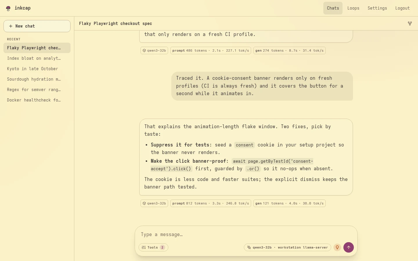 An inkcap conversation showing model reasoning, a code answer, token details, tool controls, and the message composer