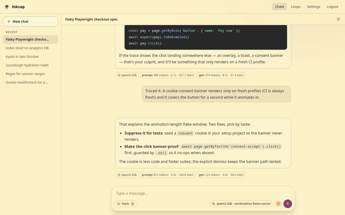 An inkcap conversation showing model reasoning, a code answer, token details, tool controls, and the message composer